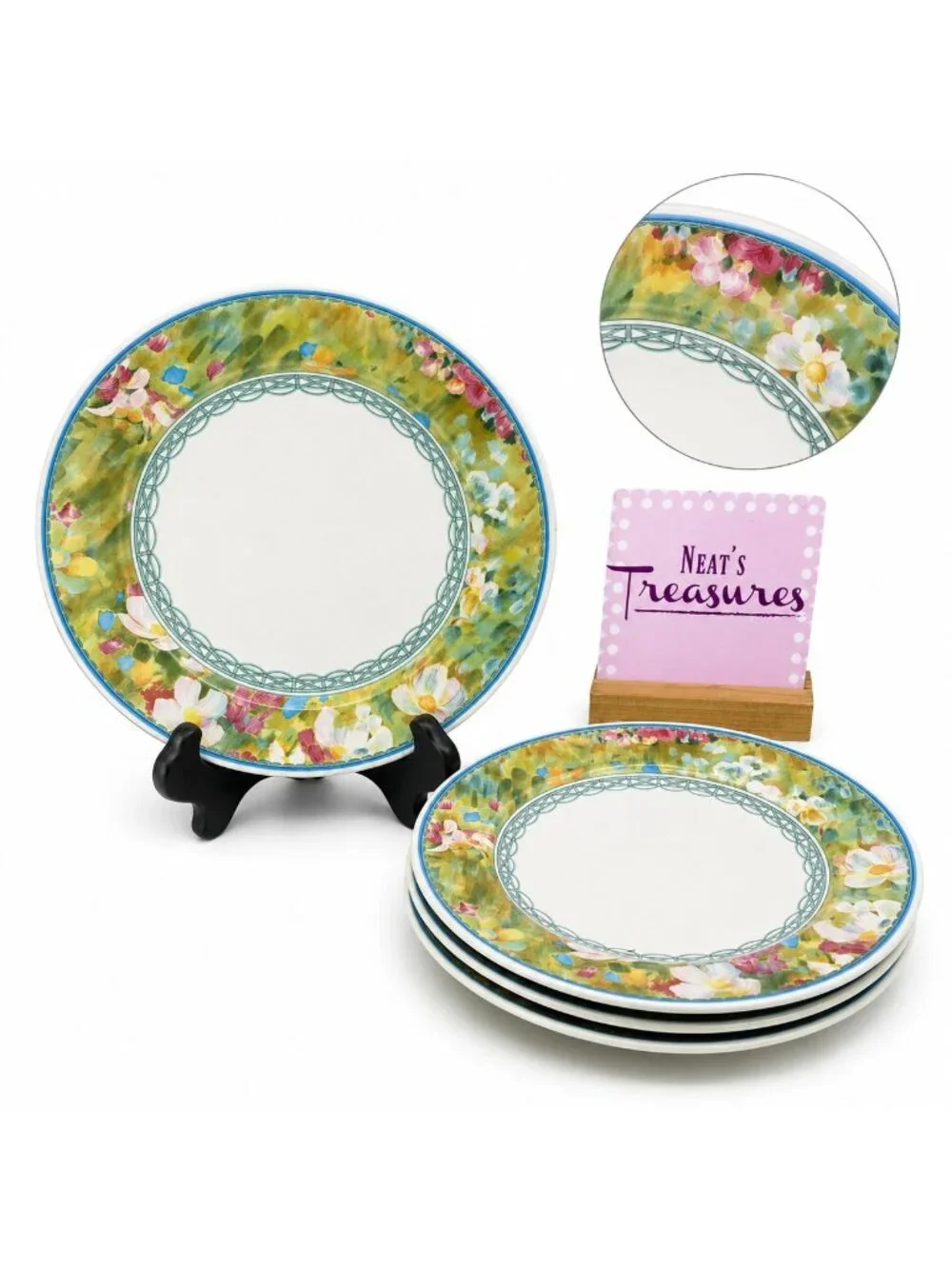 Mikasa FLORAL MEADOW Heritage CAB 01 Pastel Fence Stoneware Salad Plates Set 4
